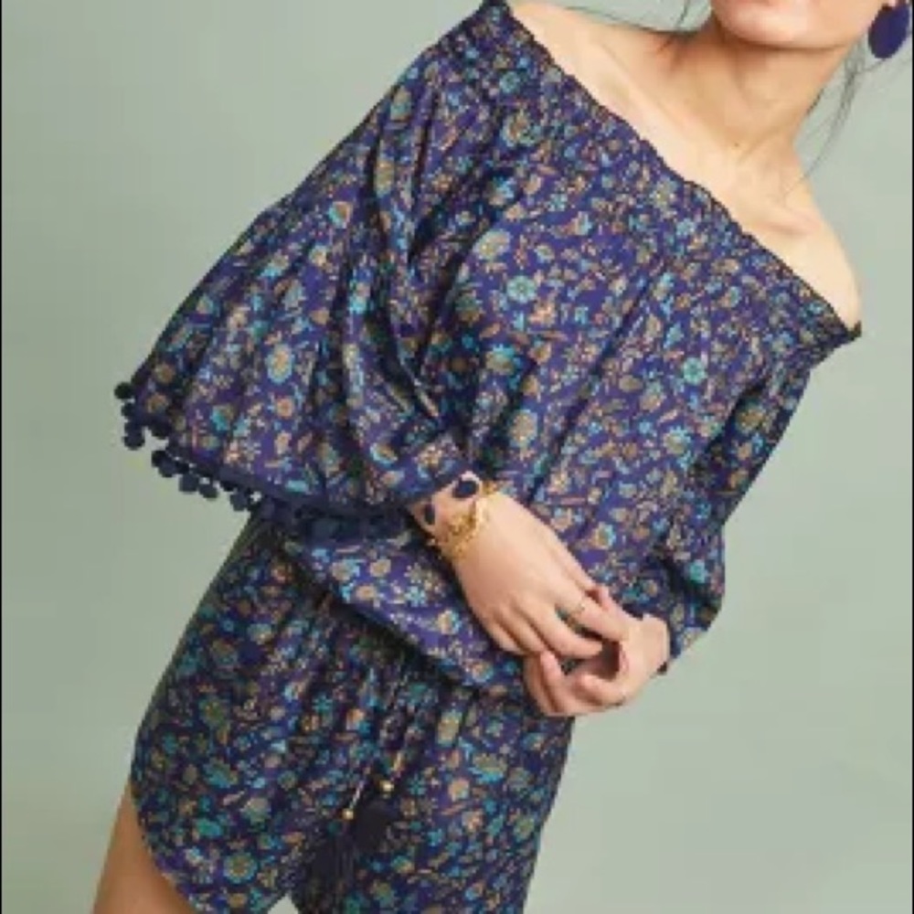 Raga Pommed Off the Shoulder Romper Pom Pom Trim